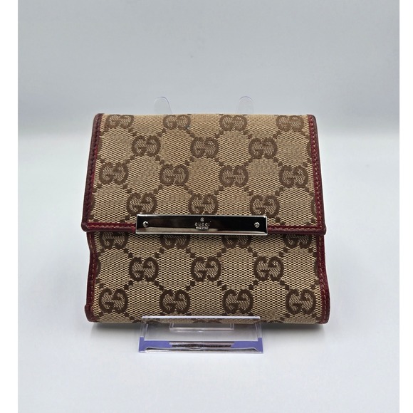Gucci Handbags - Gucci GG Canvas Red Leather Trim Bifold Wallet Authentic Designer Purse